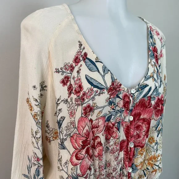 Billabong Top Small Play Day Blouse Floral Pink Ivory Long Sleeve Women's - Picture 3 of 14